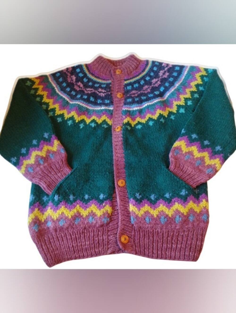 VTG Handmade Forest Green & Pink Fair Isle yoke Multi ColorCardigan Sweater Sz L